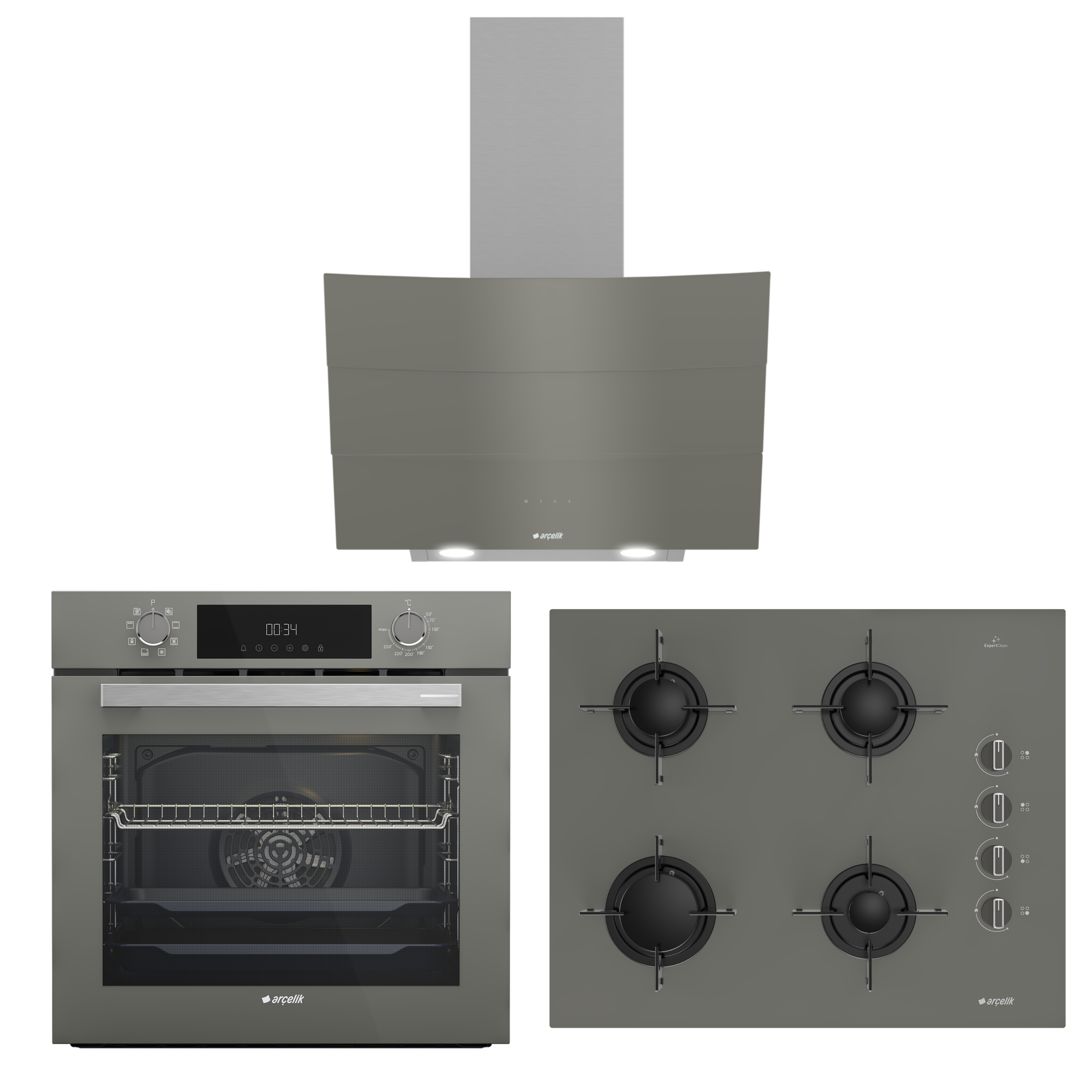 Arçelik New Gri Cam ( AFC 340 G - OCD T 651 EG - P 14 YEG ) Ankastre Set